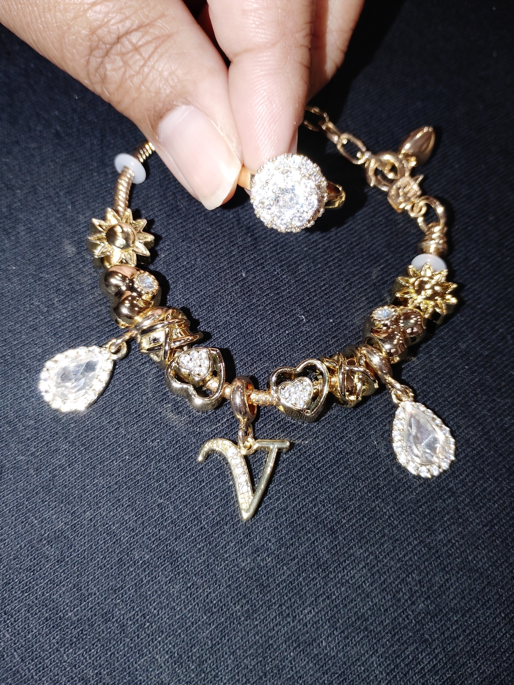 Gold-Tone Charm Bracelet with V Initial and Crystal Drops Ring Set